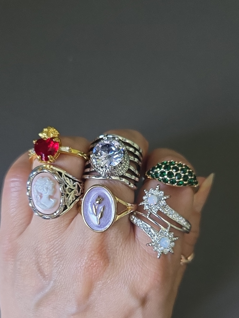 Gold and Silver Multicolor Gemstone 6 Ring Set - Women's Fashion Jewelry